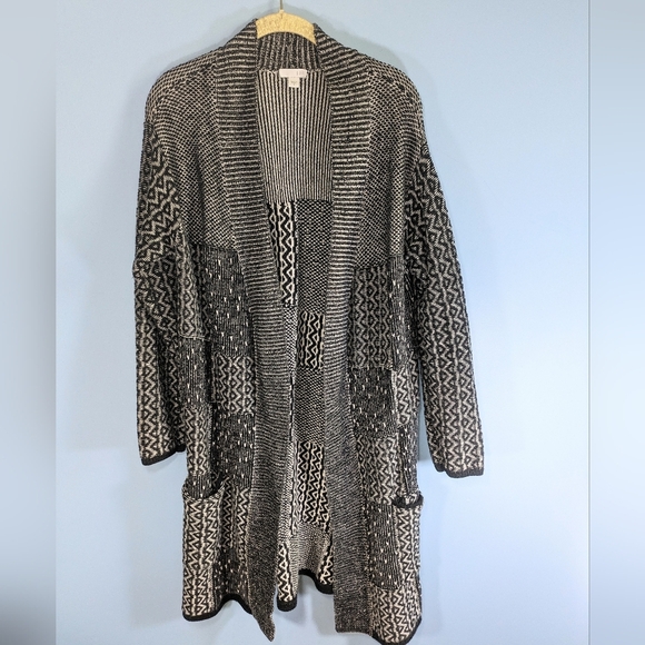 J. Jill Black/Pale Gray Geometric Print Long Wool Blend Open Sweater - Picture 1 of 4